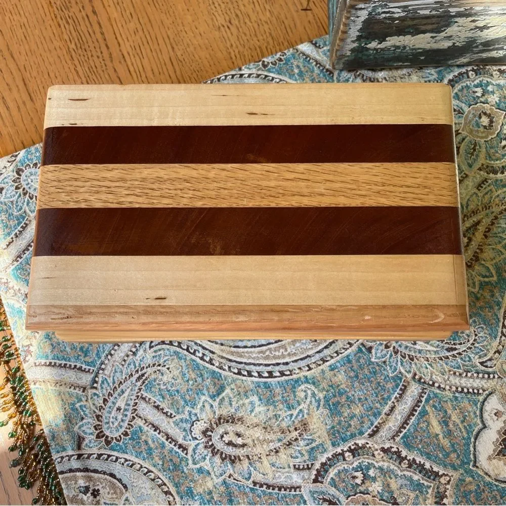 Artisan Signed Striped Hardwood Jewelry Keepsake Box Red Lined Footed